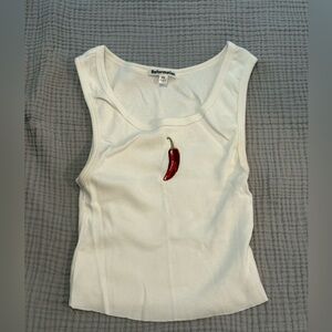 Reformation White Crop Tank Top with Red Chili Pepper Design